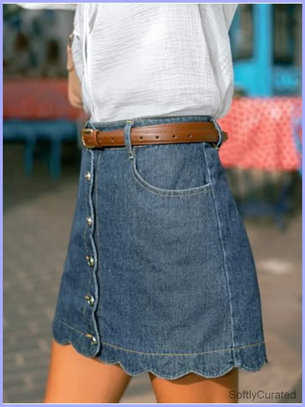 CUPSHE Denim Mini Skirt High Rise A-Line Scalloped Button Front Retro Chic